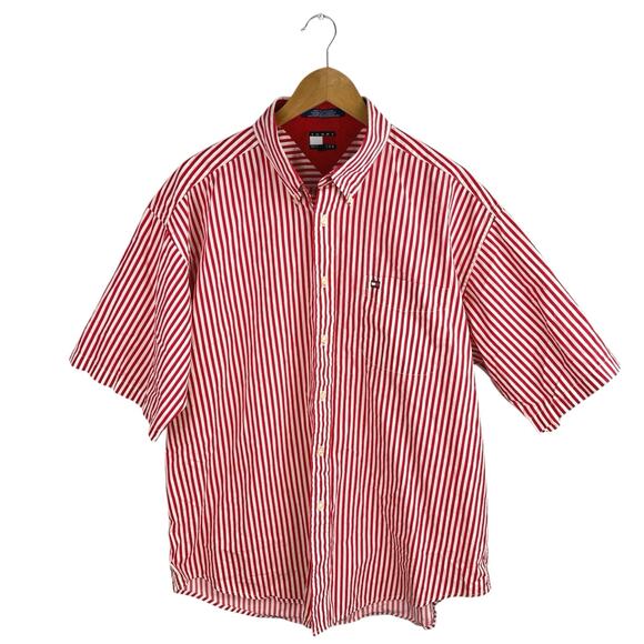 Tommy Hilfiger Men Red White Striped Short Sleeve Button Down Shirt Top Size XL - Picture 1 of 4